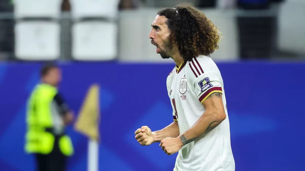 Marc Cucurella celebrating for Spain in the Euro 2024 semi-final against France