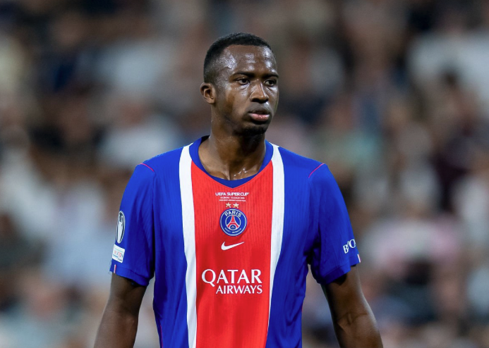 William Pacho in the Paris Saint-Germain UEFA Super Cup Final shirt, 2026